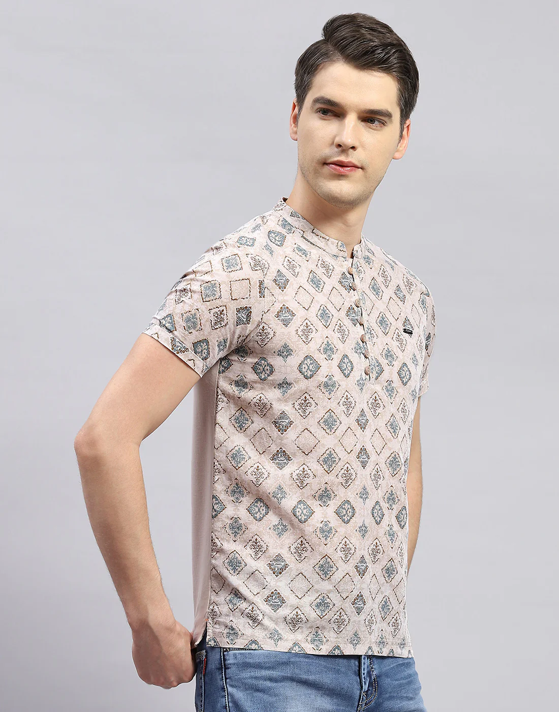 Men Beige Printed Band Collar Half Sleeve Kurta - Image 4