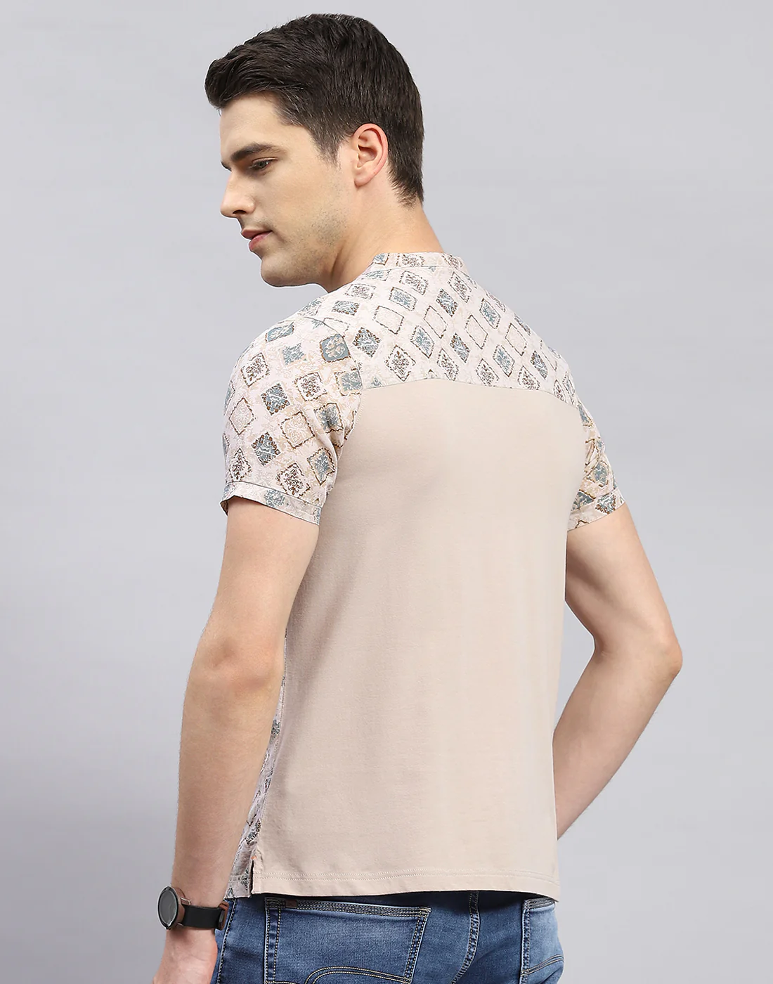 Men Beige Printed Band Collar Half Sleeve Kurta - Image 5