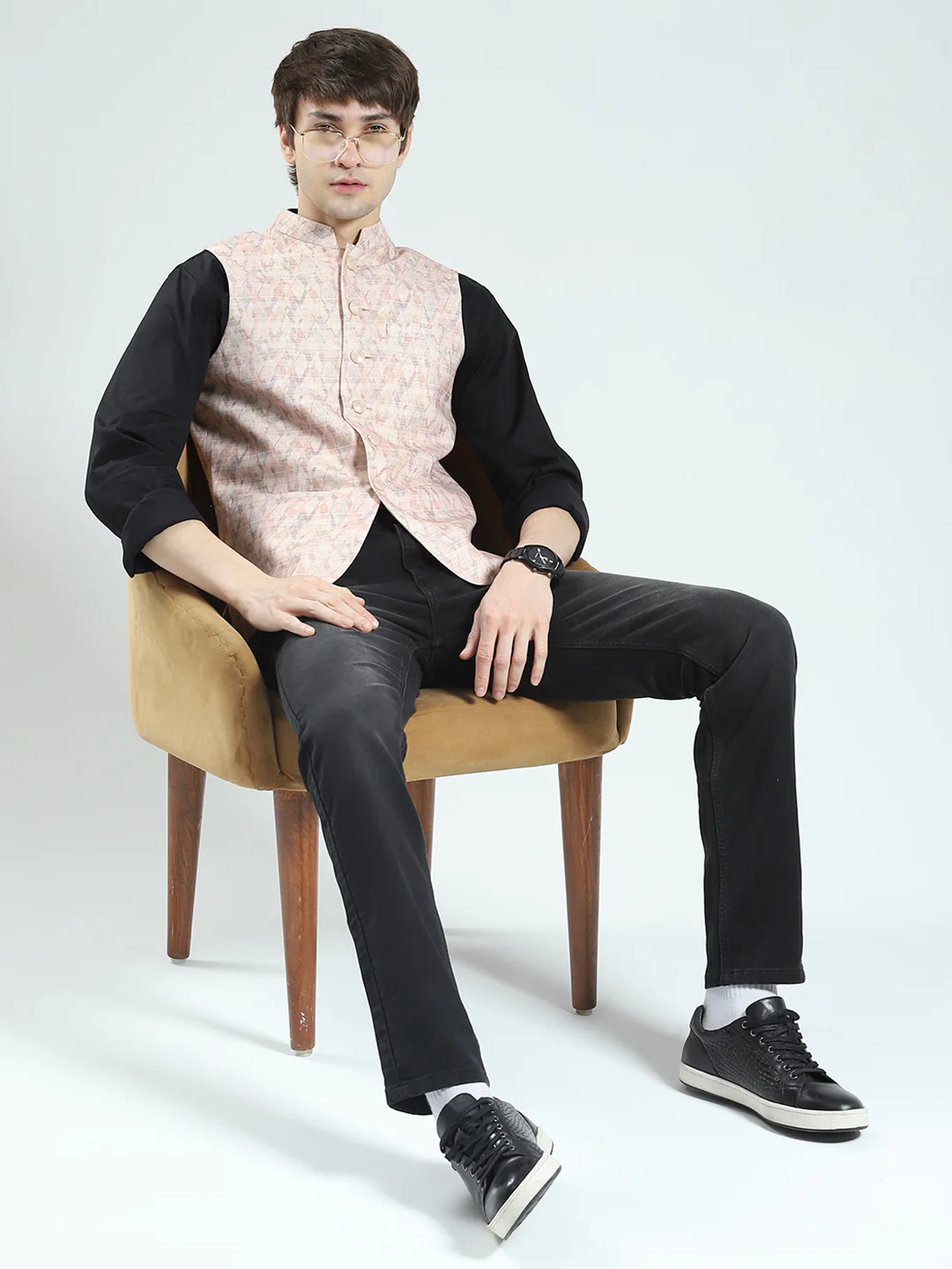 Men Beige Printed Band Neck Sleeveless Nehru Jacket - Image 2