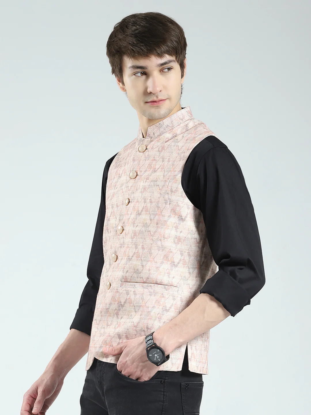 Men Beige Printed Band Neck Sleeveless Nehru Jacket - Image 3
