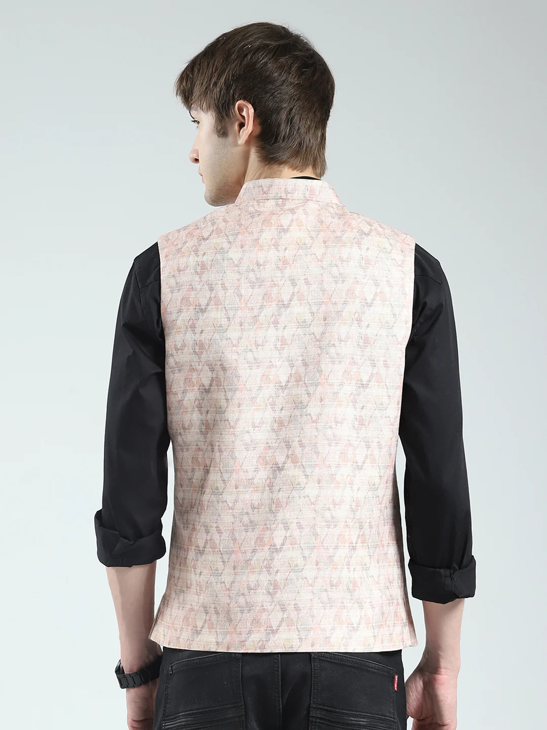 Men Beige Printed Band Neck Sleeveless Nehru Jacket - Image 5