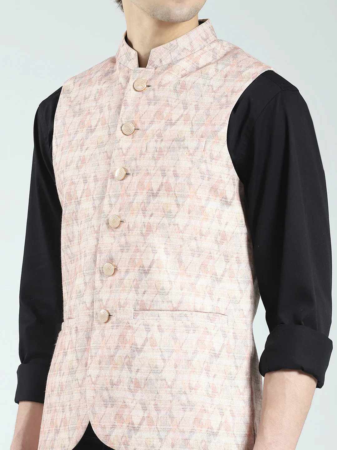 Men Beige Printed Band Neck Sleeveless Nehru Jacket - Image 7