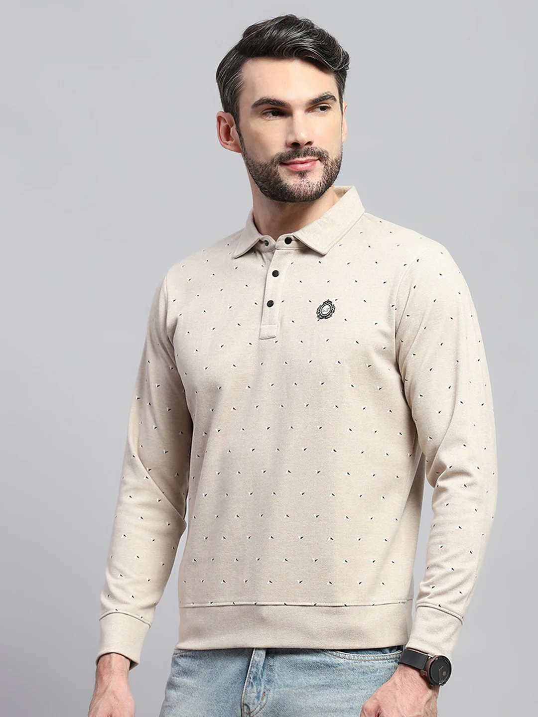 Men Beige Printed Collar Full Sleeve Sweatshirt - Image 3