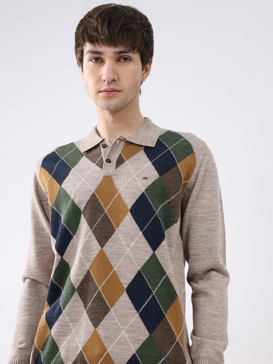 Men Beige Printed Collar Full Sleeve Winter T-Shirt - Image 7