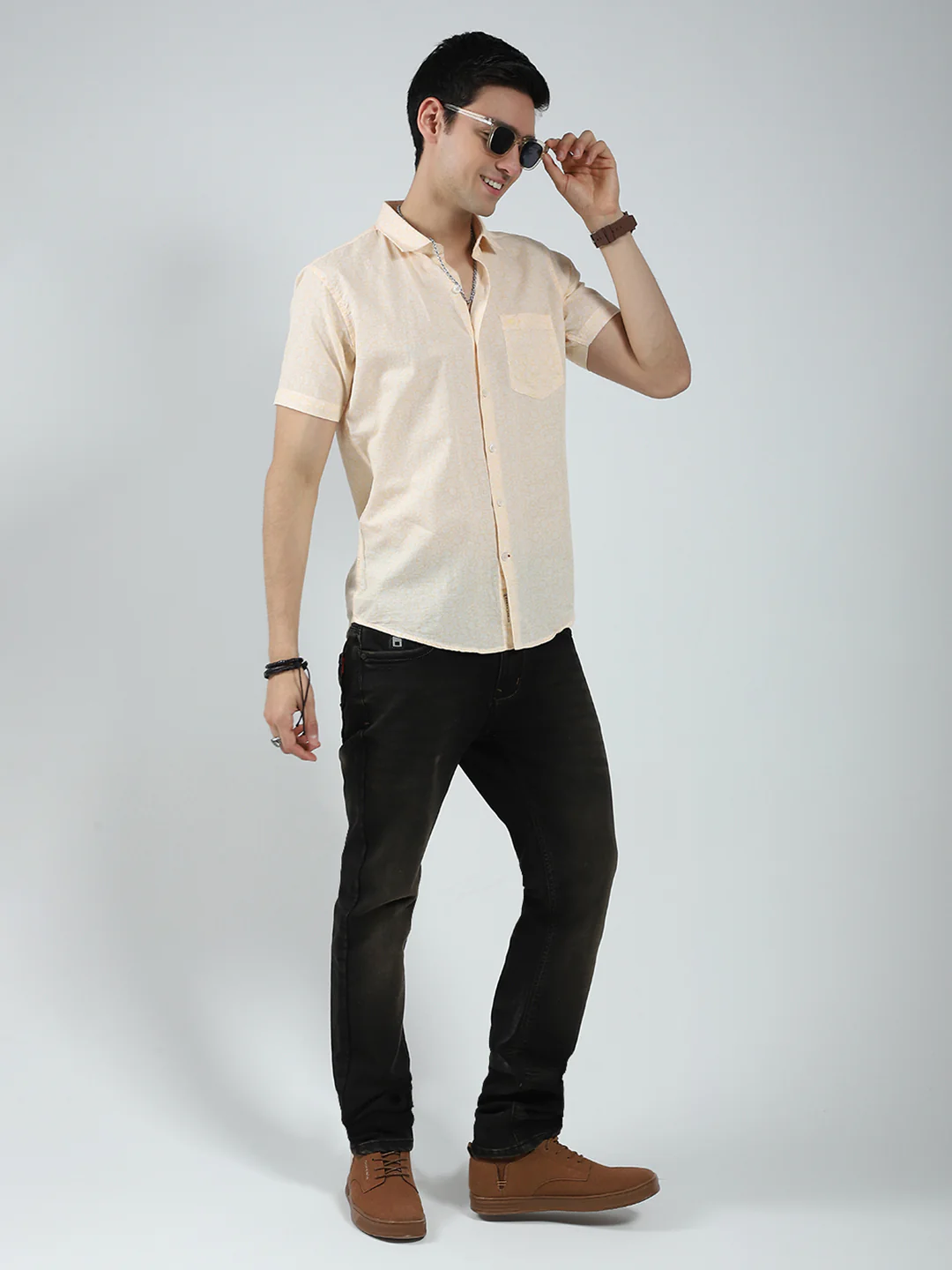 Men Beige Printed Collar Half Sleeve Linen Shirt - Image 2