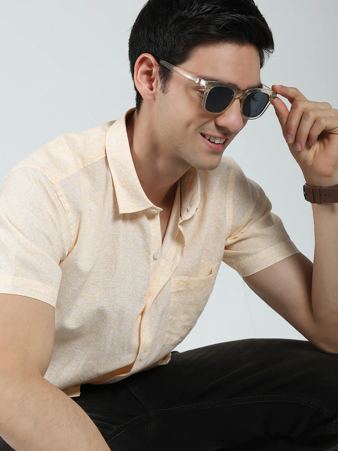 Men Beige Printed Collar Half Sleeve Linen Shirt - Image 6