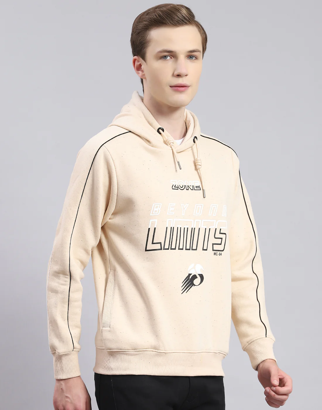 Men Beige Printed Hooded Full Sleeve Sweatshirt - Image 4