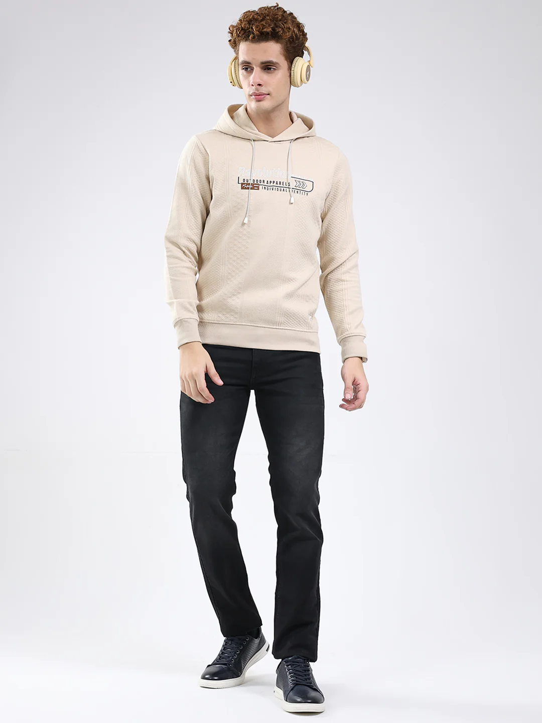 Men Beige Printed Hooded Full Sleeve Sweatshirt - Image 2