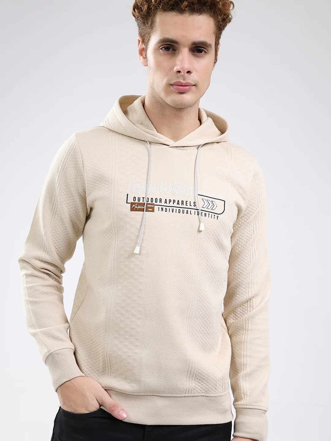Men Beige Printed Hooded Full Sleeve Sweatshirt - Image 6