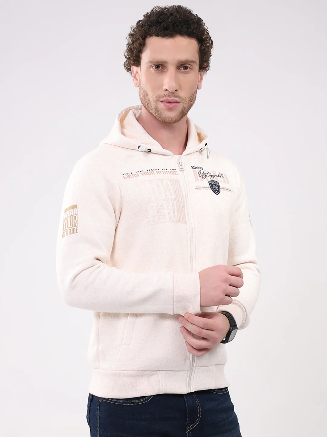 Men Beige Printed Hooded Full Sleeve Sweatshirt - Image 4