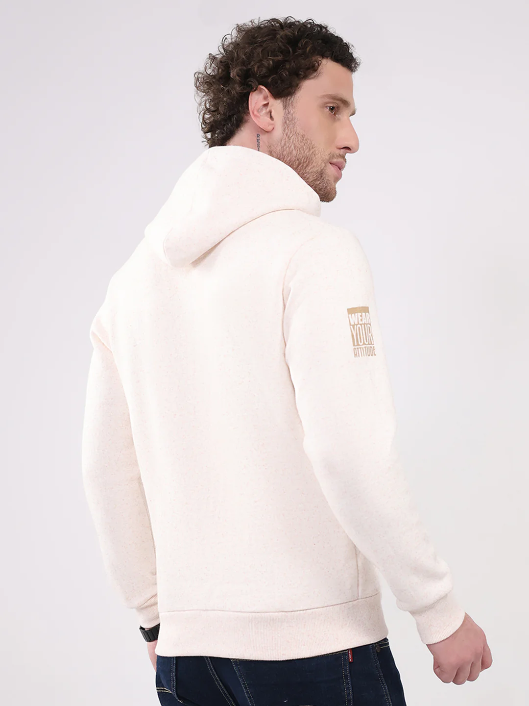 Men Beige Printed Hooded Full Sleeve Sweatshirt - Image 5