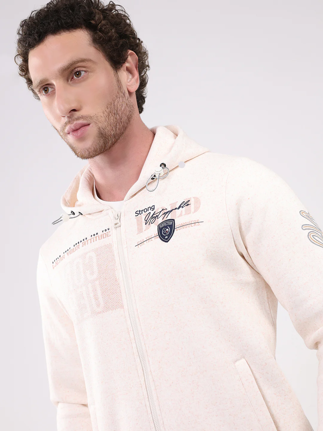Men Beige Printed Hooded Full Sleeve Sweatshirt - Image 6