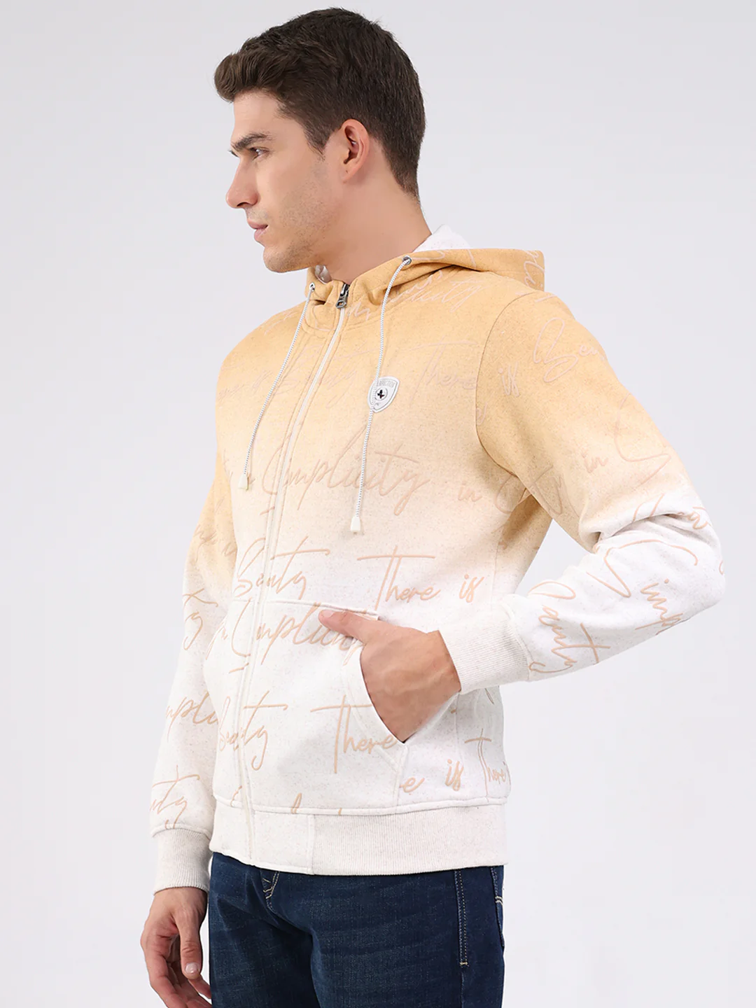 Men Beige Printed Hooded Full Sleeve Sweatshirt - Image 3