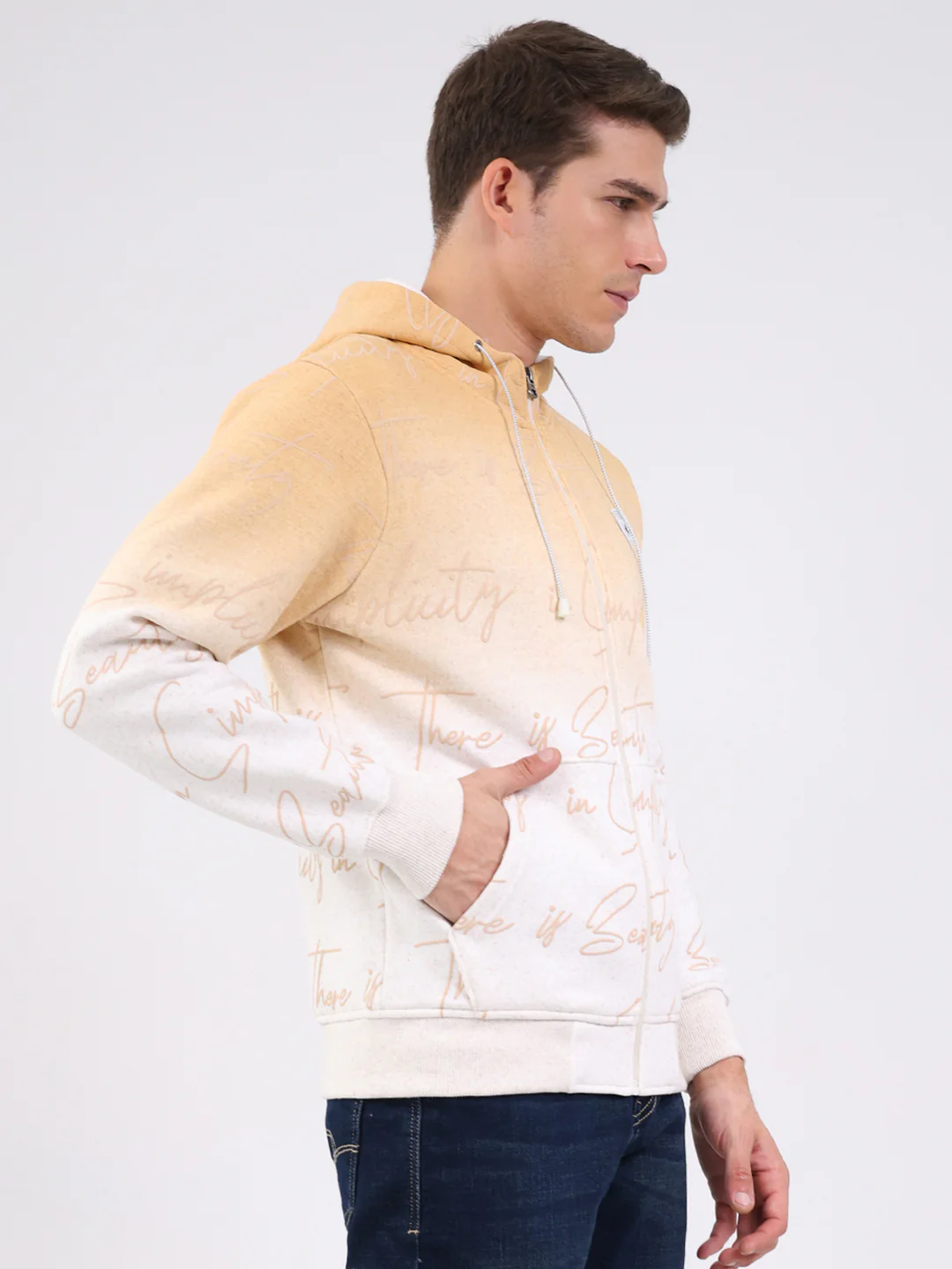 Men Beige Printed Hooded Full Sleeve Sweatshirt - Image 4
