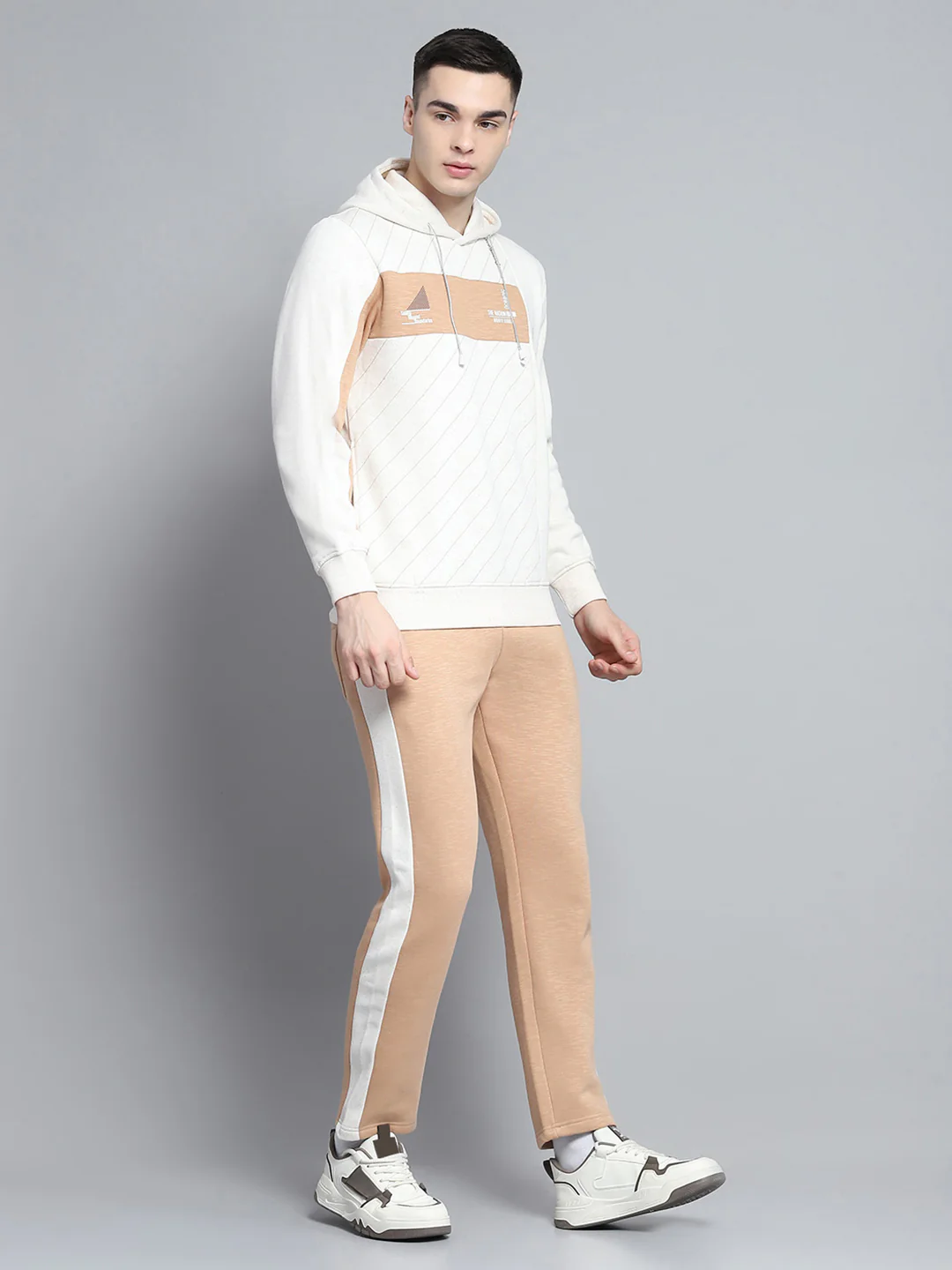 Men Beige Printed Hooded Full Sleeve Winter Tracksuit - Image 4