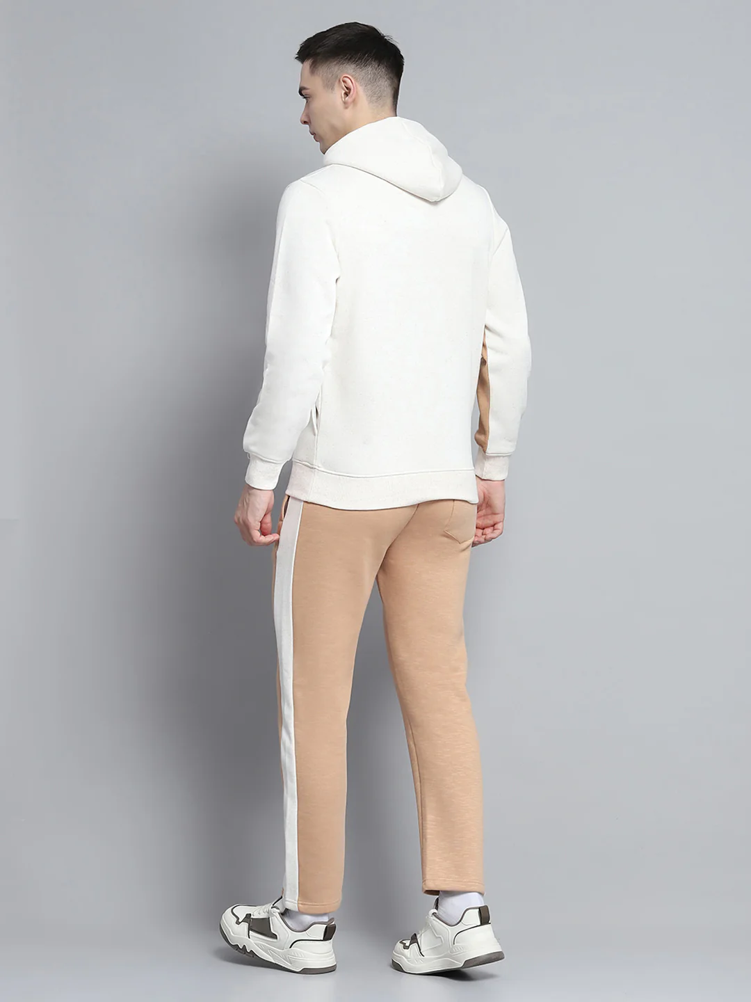 Men Beige Printed Hooded Full Sleeve Winter Tracksuit - Image 5