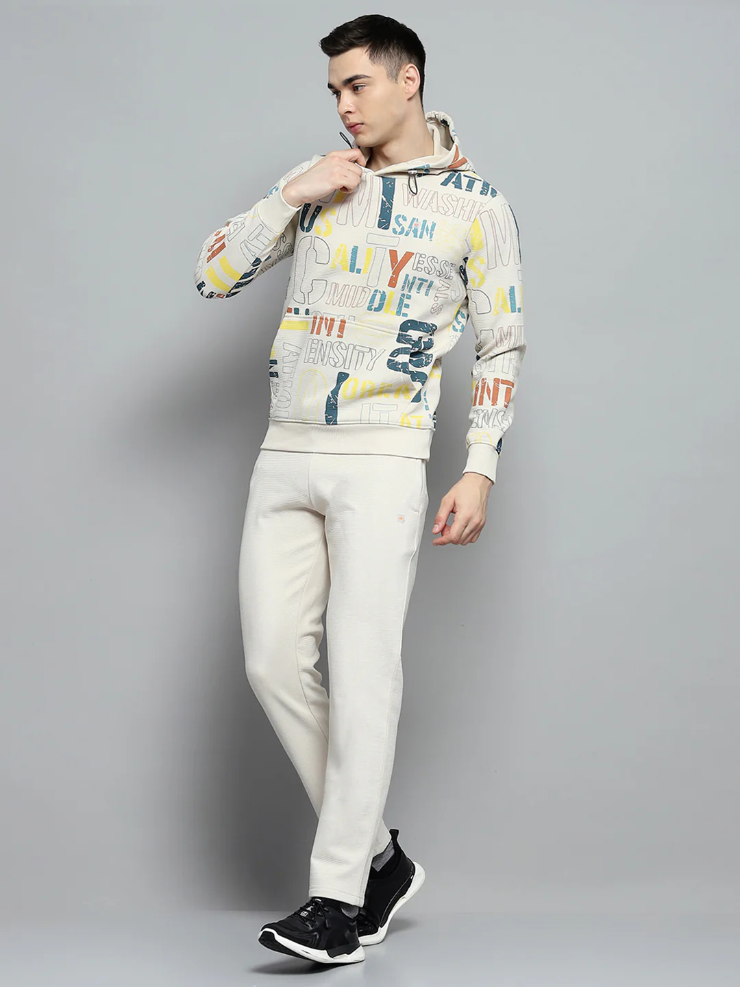 Men Beige Printed Hooded Full Sleeve Winter Tracksuit - Image 2