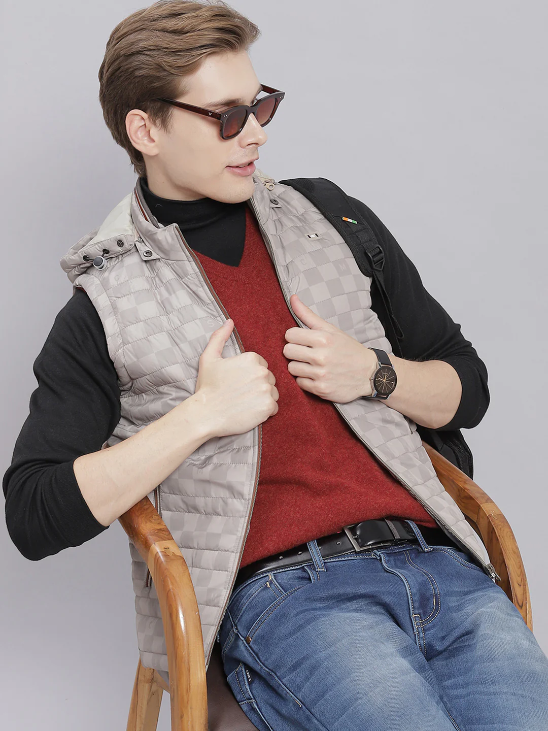 Men Beige Printed Hooded Sleeveless Jackets - Image 2