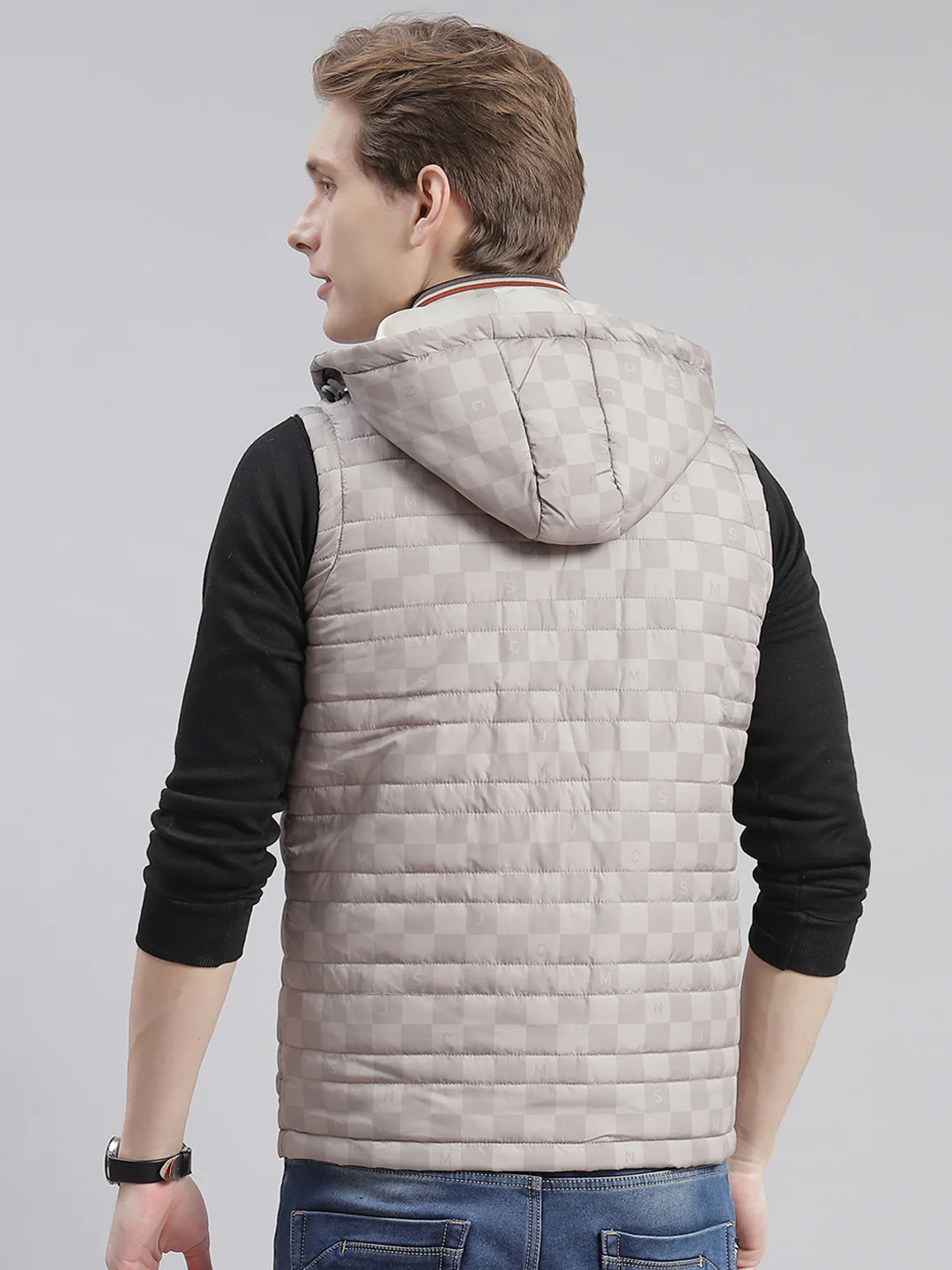 Men Beige Printed Hooded Sleeveless Jackets - Image 3