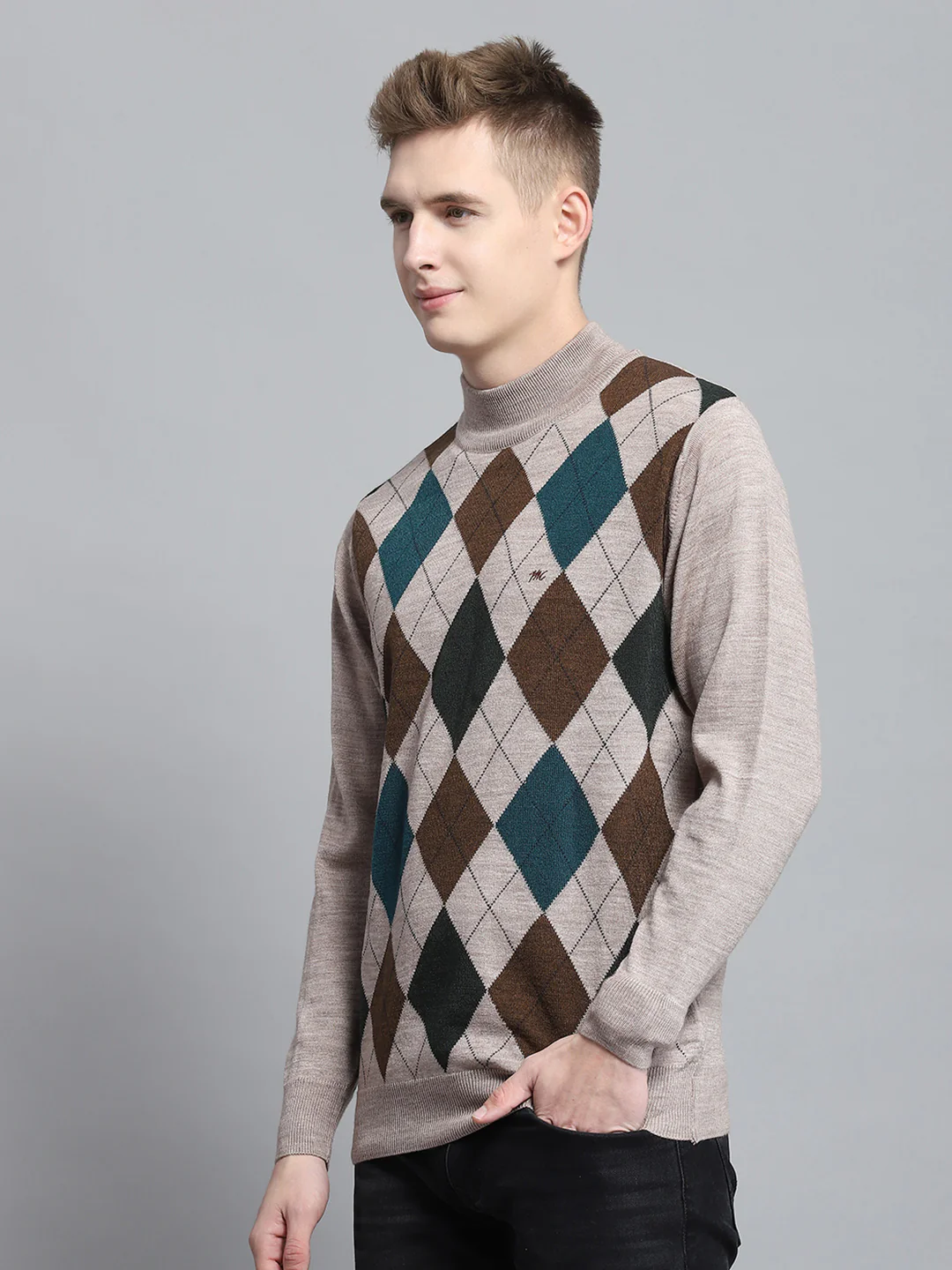 Men Beige Printed Mock Neck Full Sleeve Pullover - Image 3