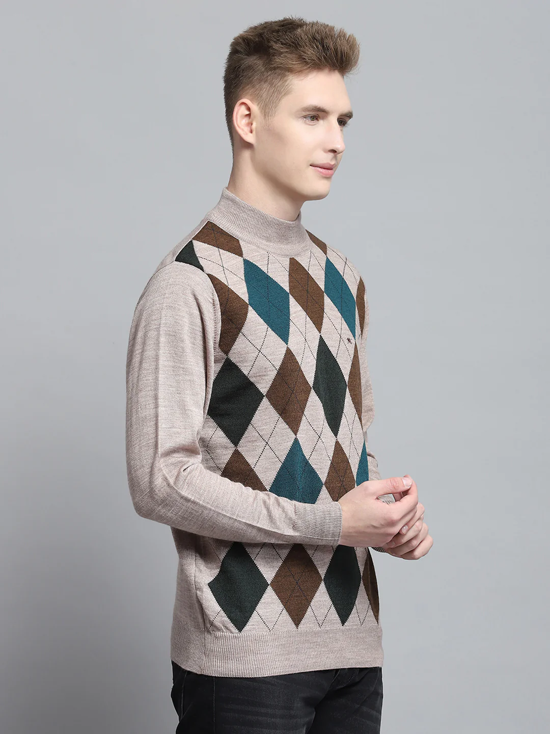 Men Beige Printed Mock Neck Full Sleeve Pullover - Image 4