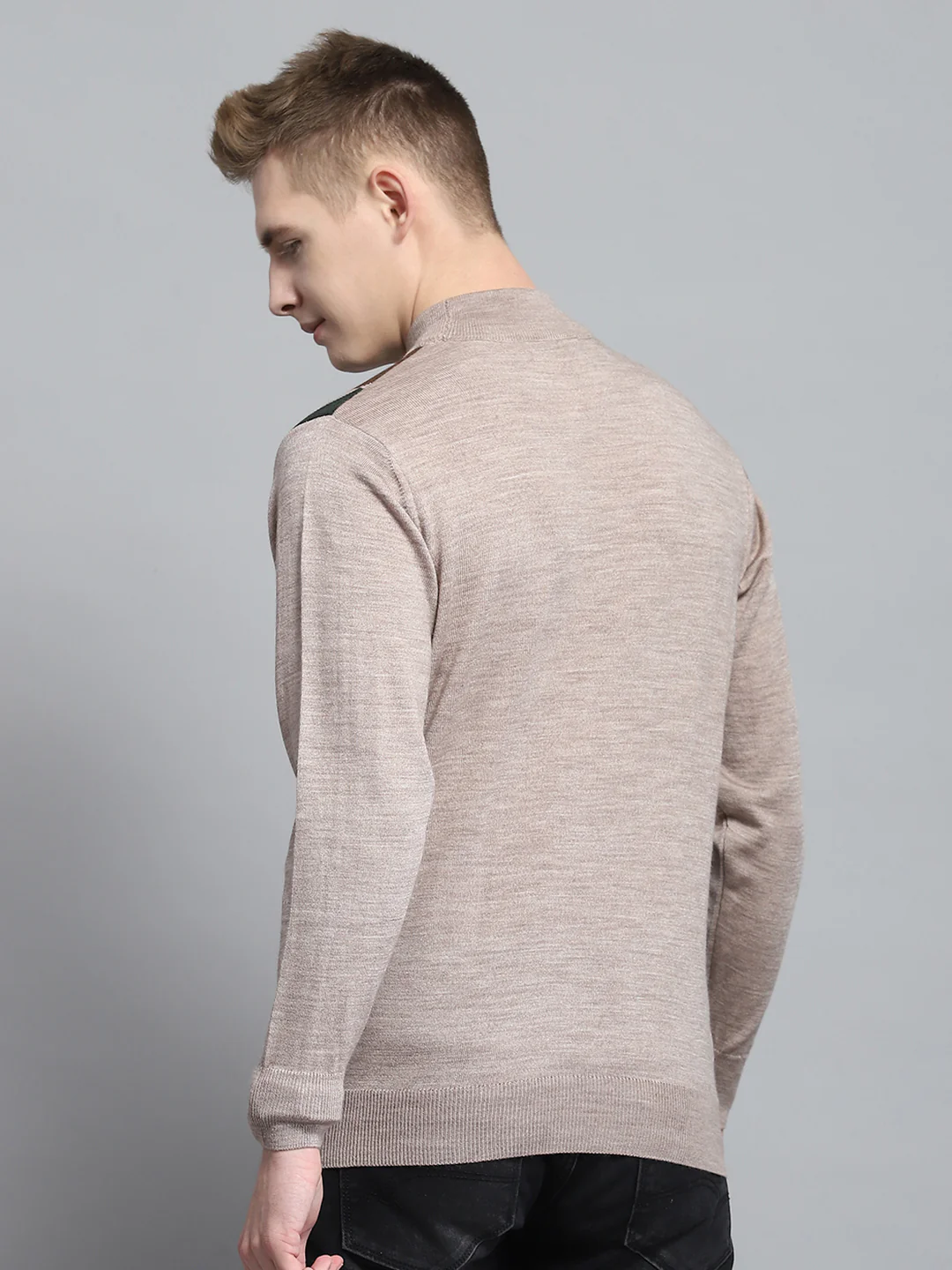 Men Beige Printed Mock Neck Full Sleeve Pullover - Image 5
