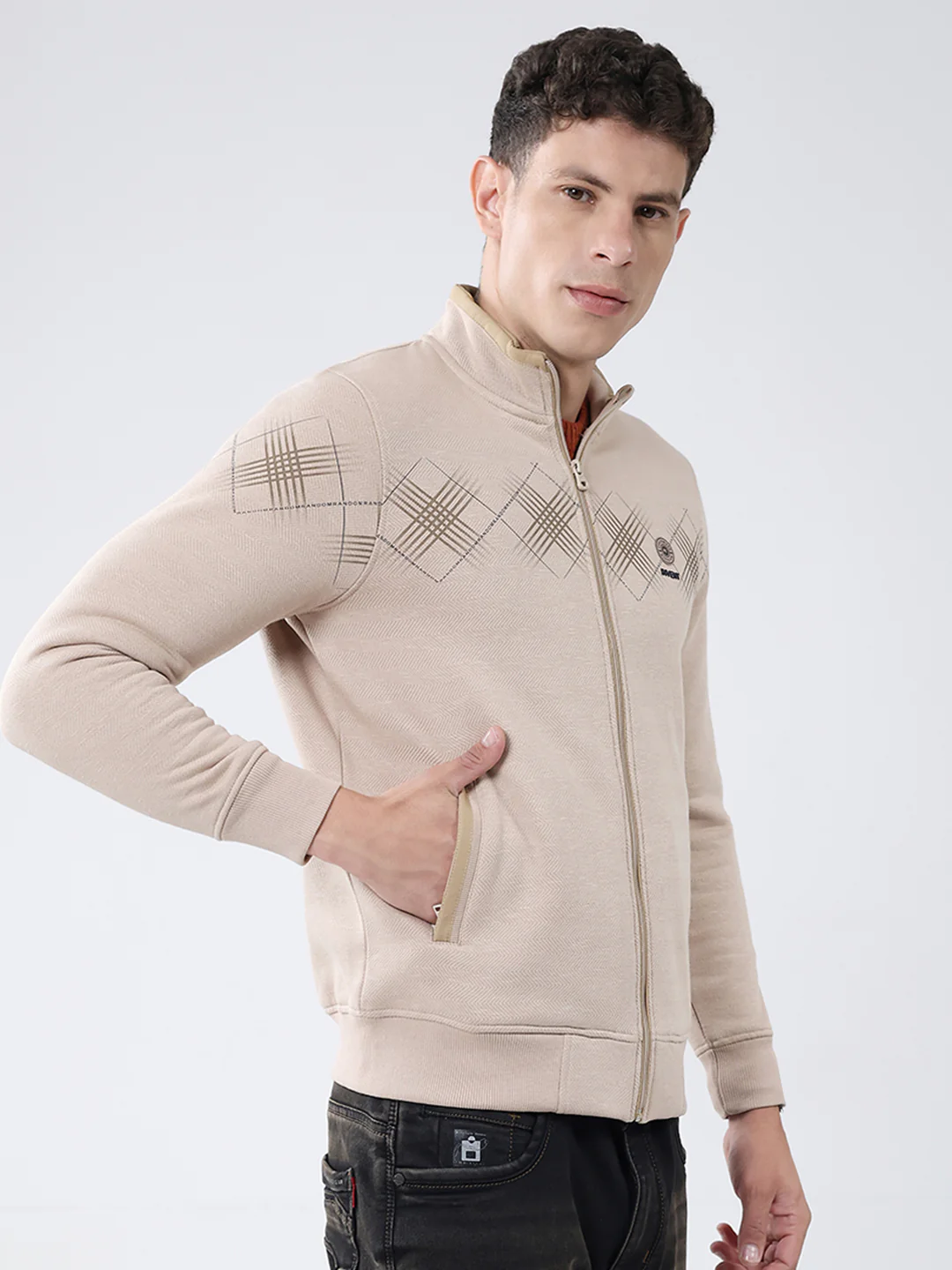 Men Beige Printed Mock Neck Full Sleeve Sweatshirt - Image 4