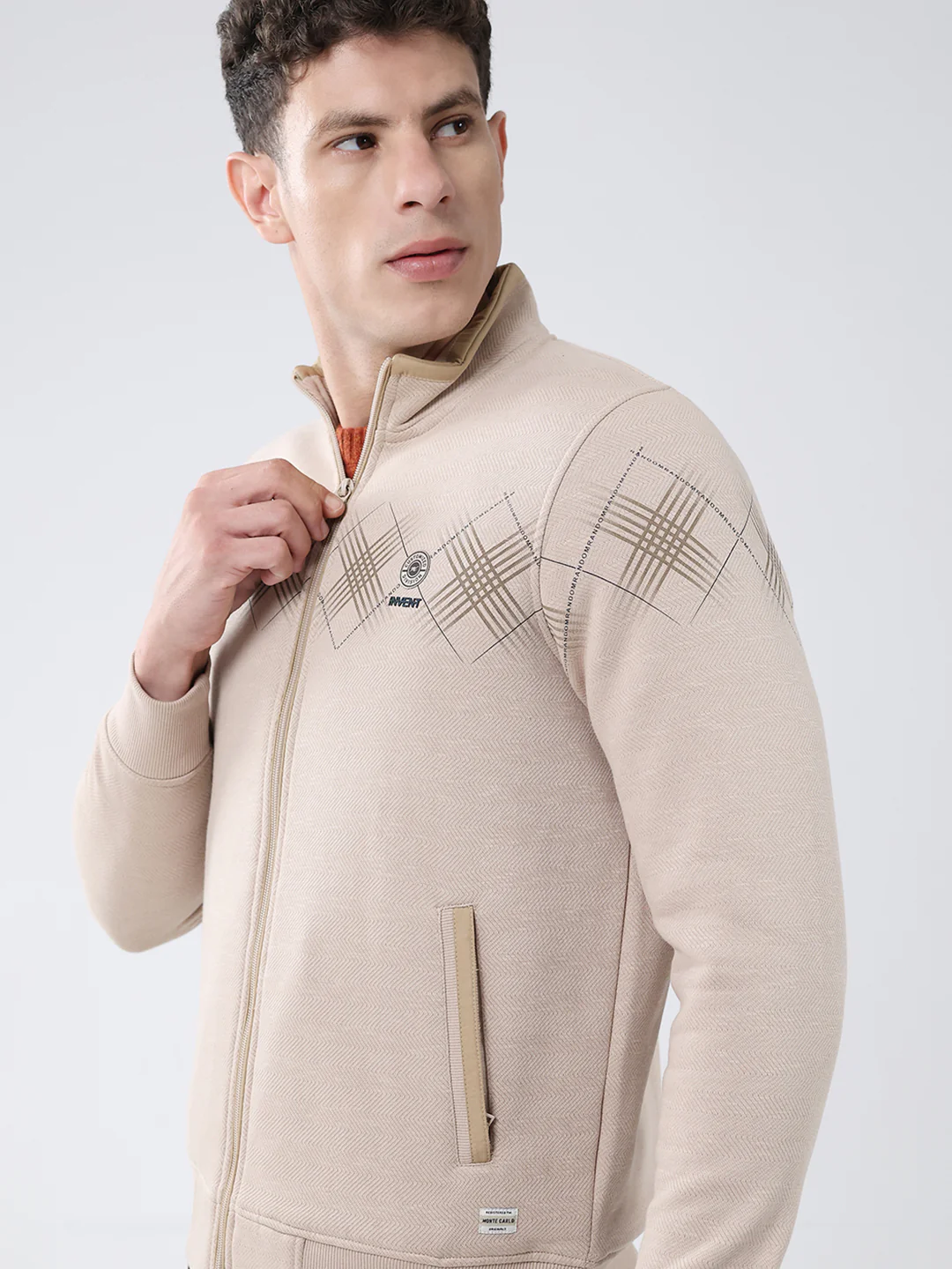Men Beige Printed Mock Neck Full Sleeve Sweatshirt - Image 6