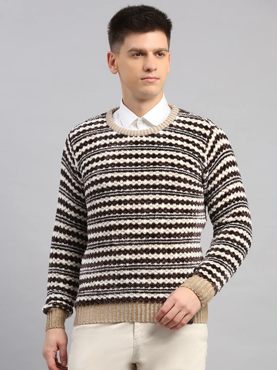 Men Beige Printed Round Neck Full Sleeve Pullover