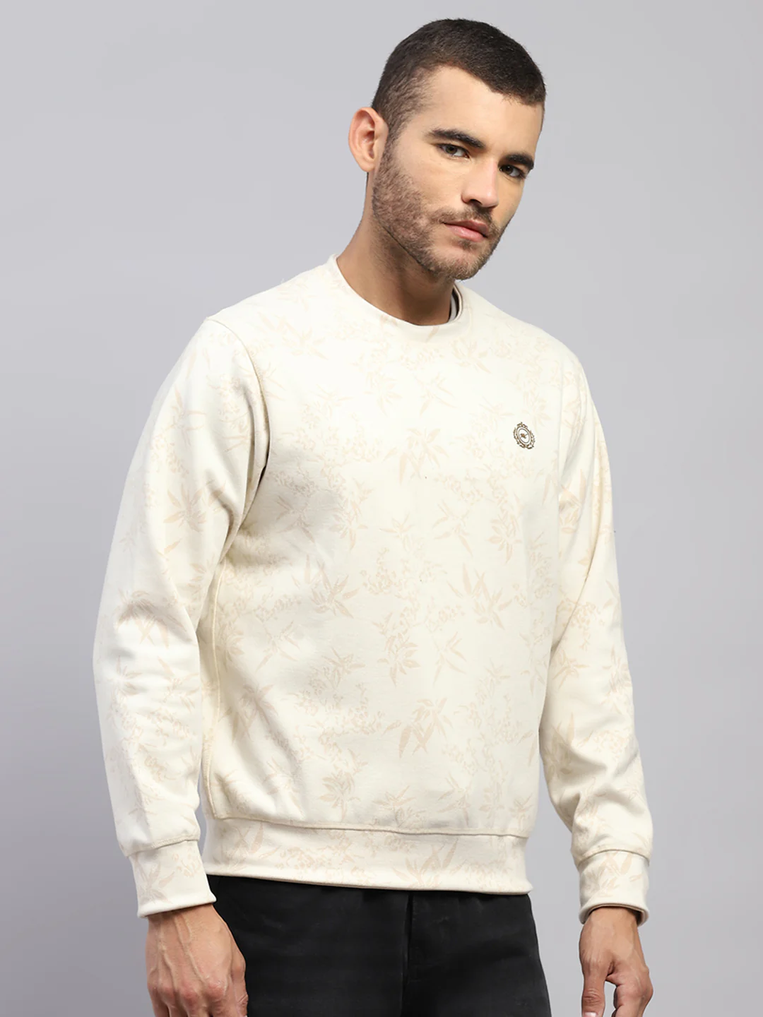 Men Beige Printed Round Neck Full Sleeve Reversible Sweatshirt - Image 4