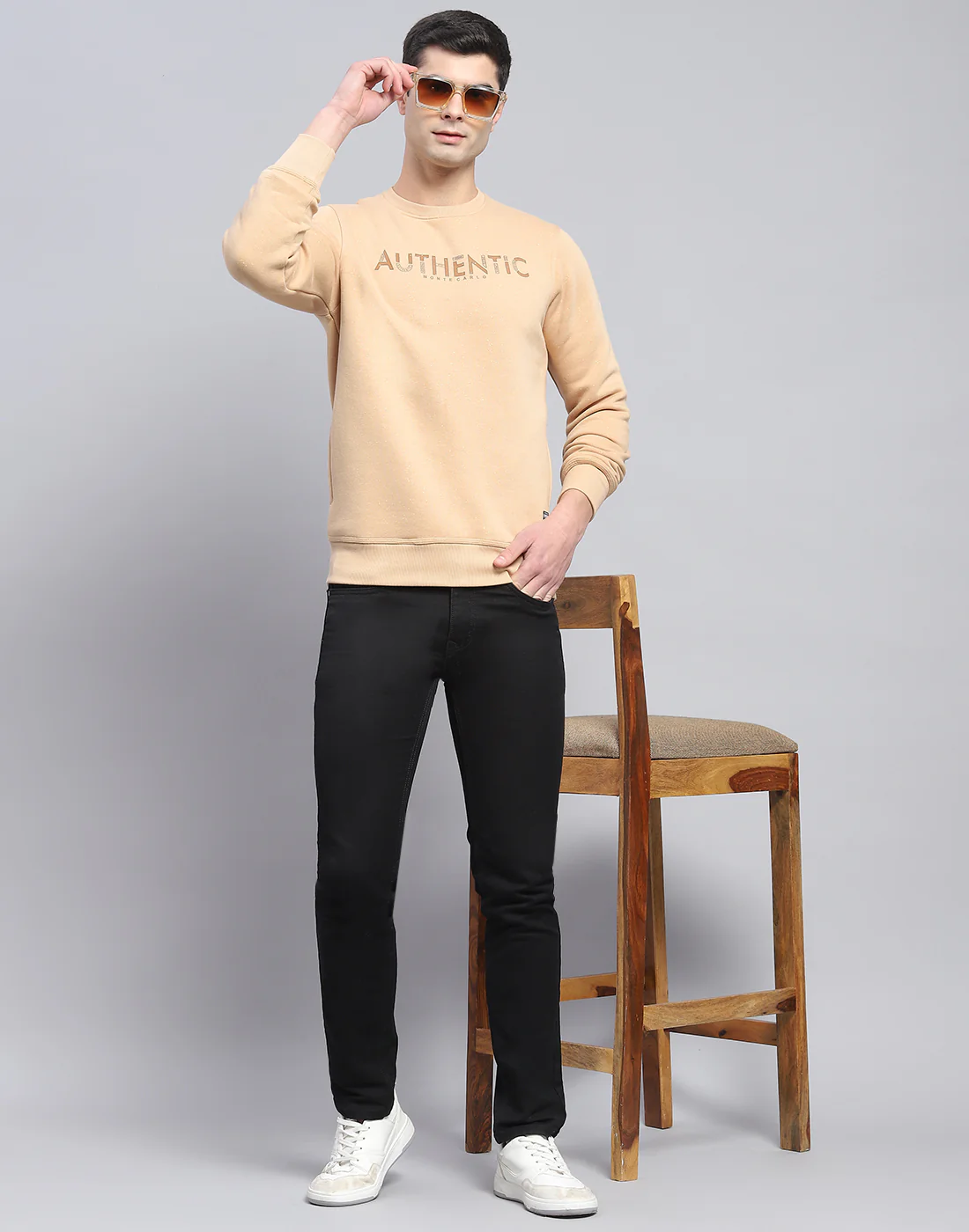 Men Beige Printed Round Neck Full Sleeve Sweatshirt - Image 2