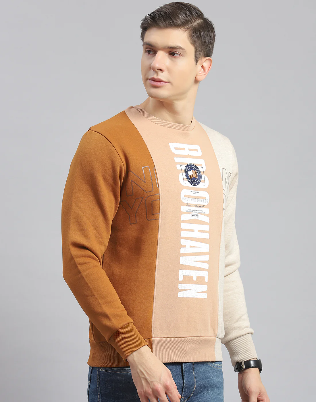 Men Beige Printed Round Neck Full Sleeve Sweatshirt - Image 4