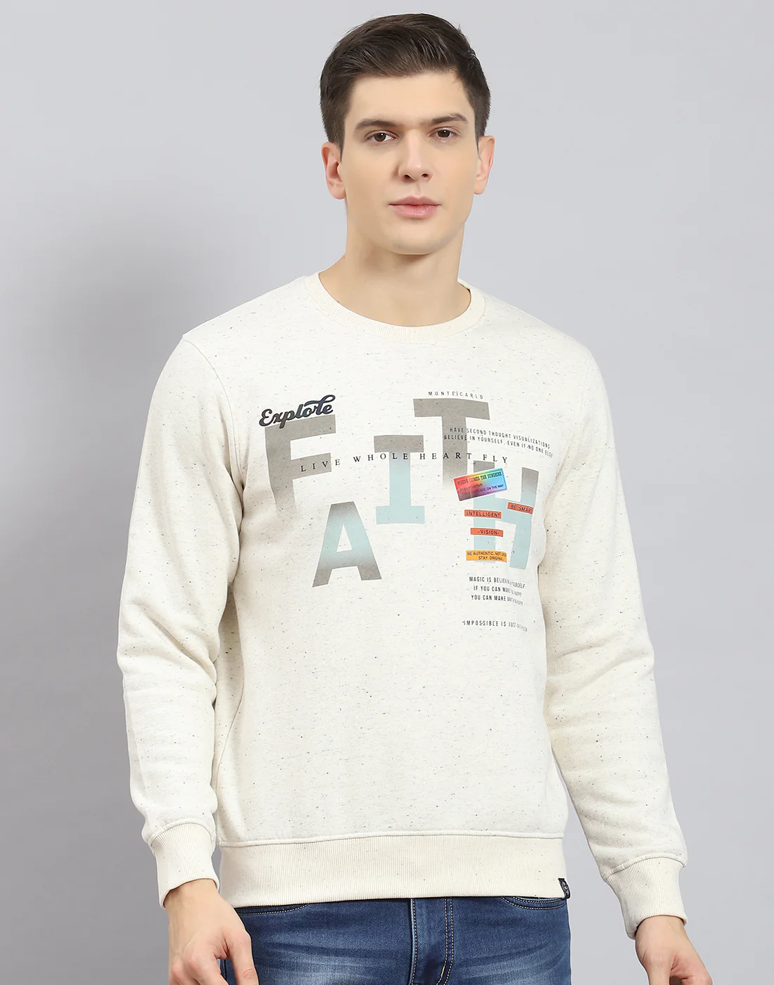 Men Beige Printed Round Neck Full Sleeve Sweatshirt - Image 3