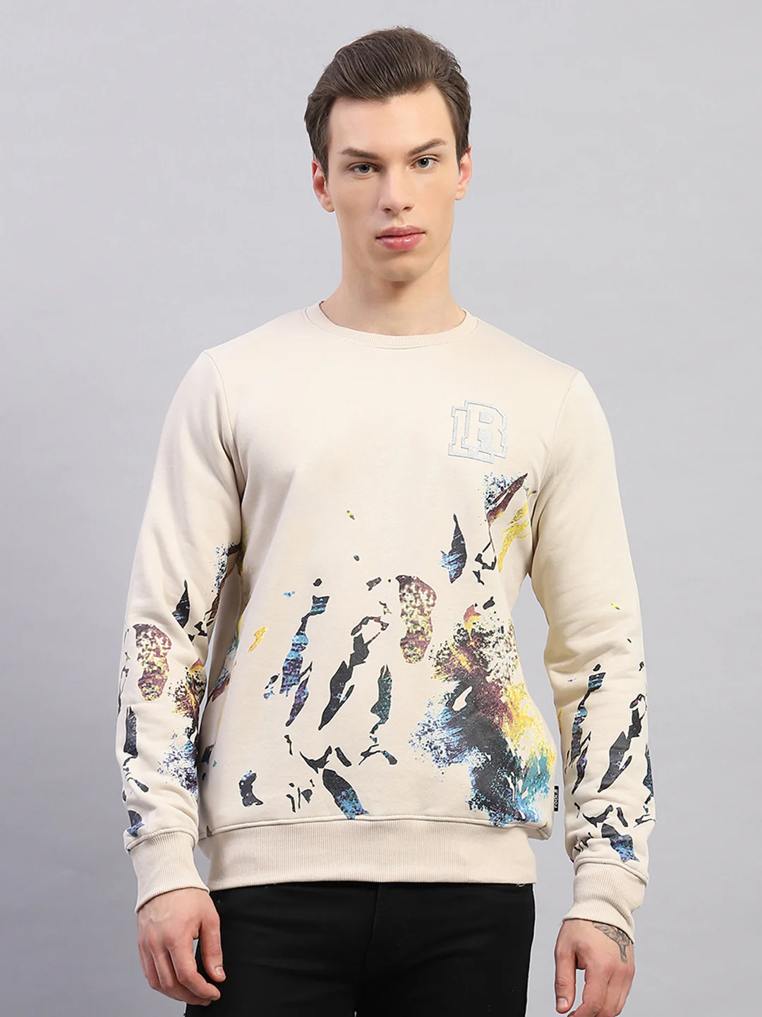 Rock.it Men Beige Printed Round Neck Full Sleeve Sweatshirt - Image 2