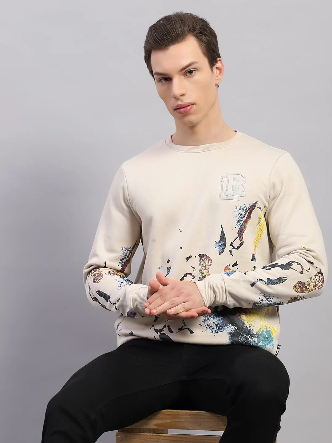 Rock.it Men Beige Printed Round Neck Full Sleeve Sweatshirt - Image 6