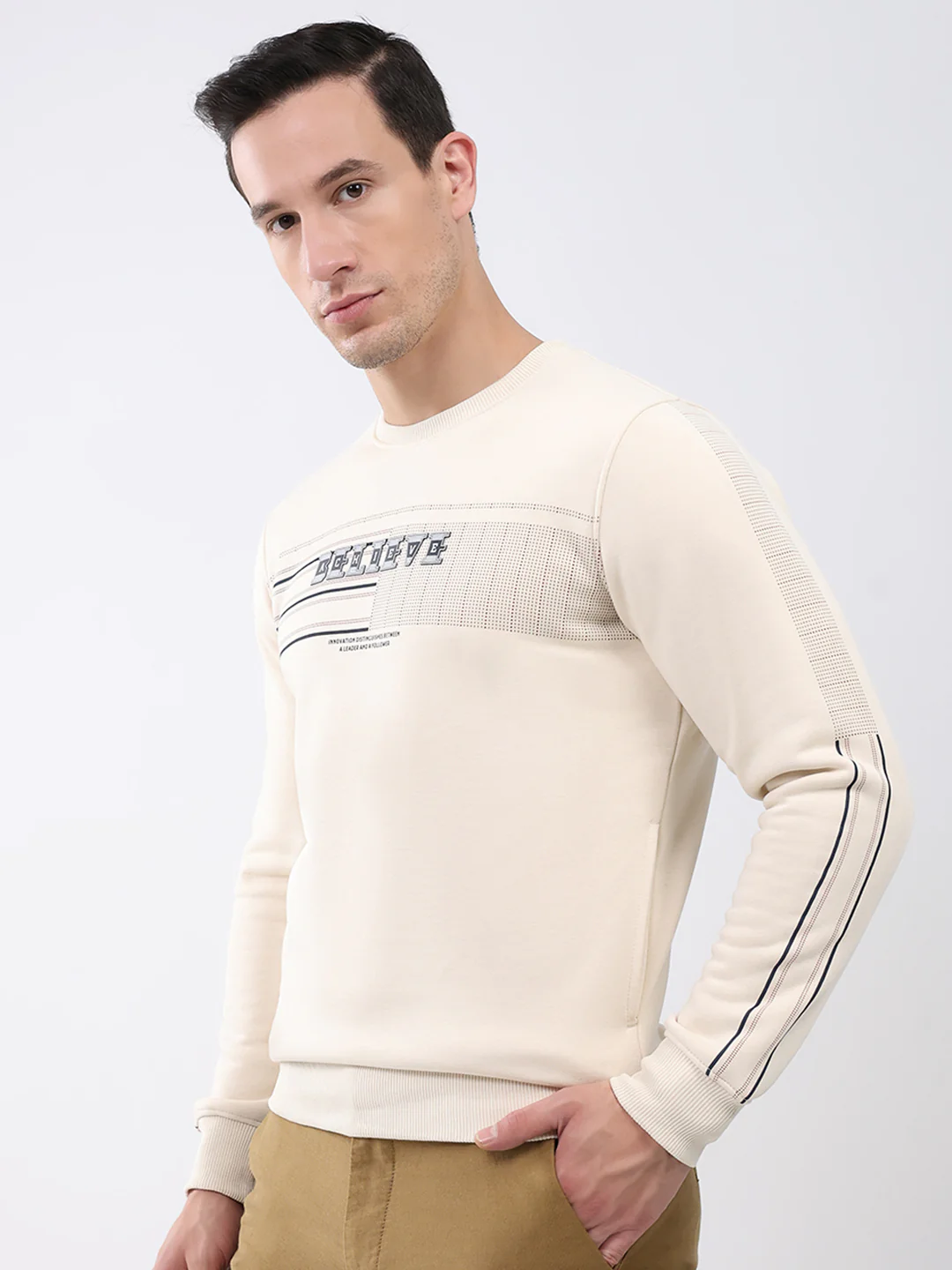 Men Beige Printed Round Neck Full Sleeve Sweatshirt - Image 3