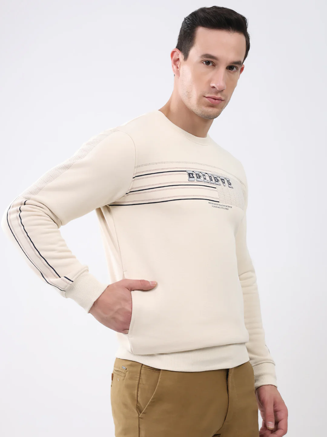 Men Beige Printed Round Neck Full Sleeve Sweatshirt - Image 4