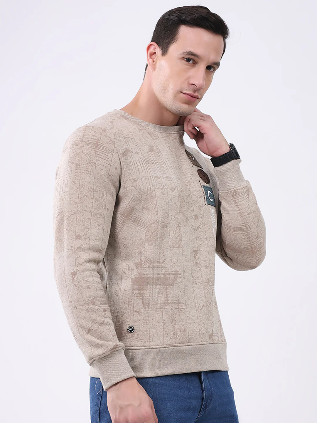 Men Beige Printed Round Neck Full Sleeve Sweatshirt - Image 4