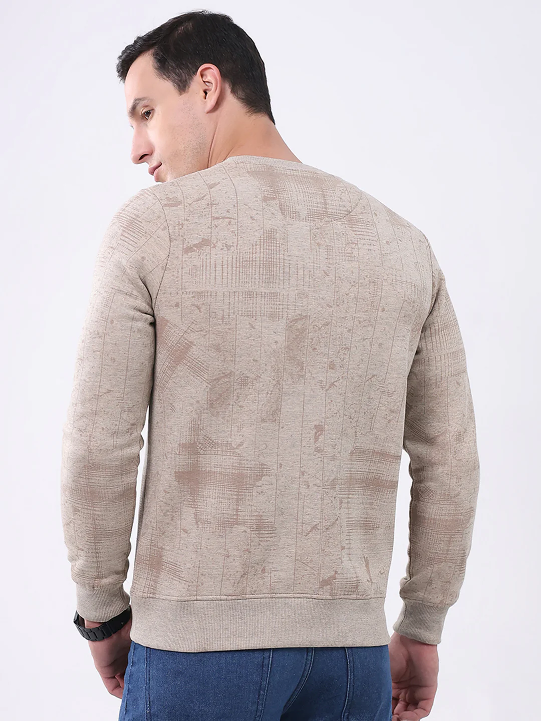 Men Beige Printed Round Neck Full Sleeve Sweatshirt - Image 5