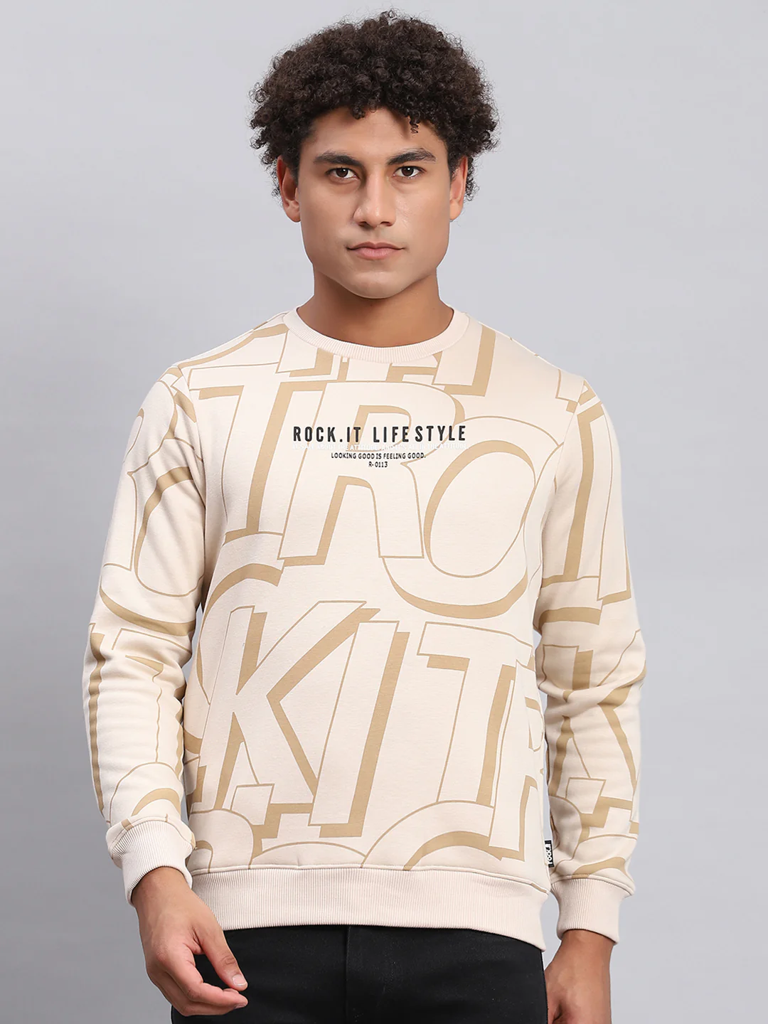 Rock.it Men Beige Printed Round Neck Full Sleeve Sweatshirt - Image 2