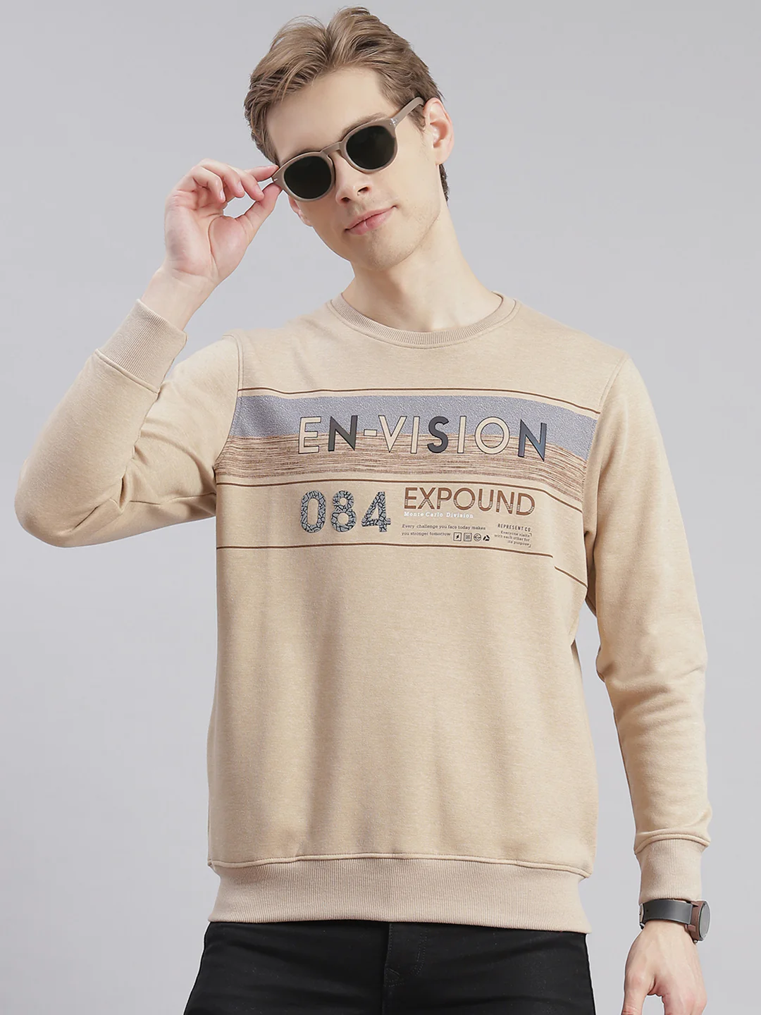 Men Beige Printed Round Neck Full Sleeve Sweatshirts - Image 2