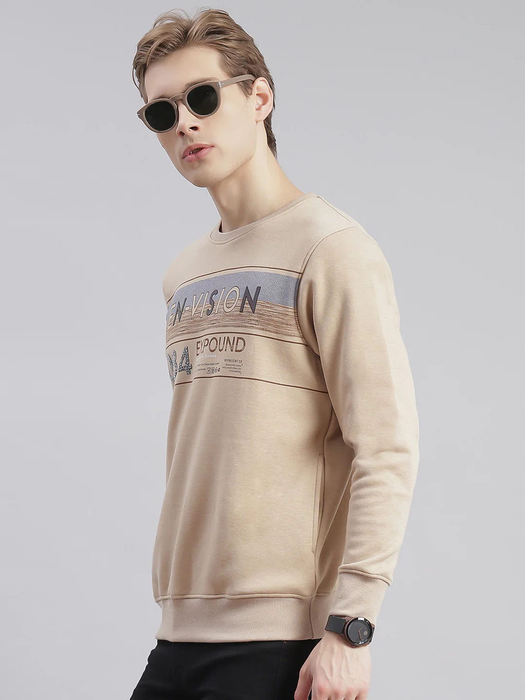Men Beige Printed Round Neck Full Sleeve Sweatshirts - Image 3