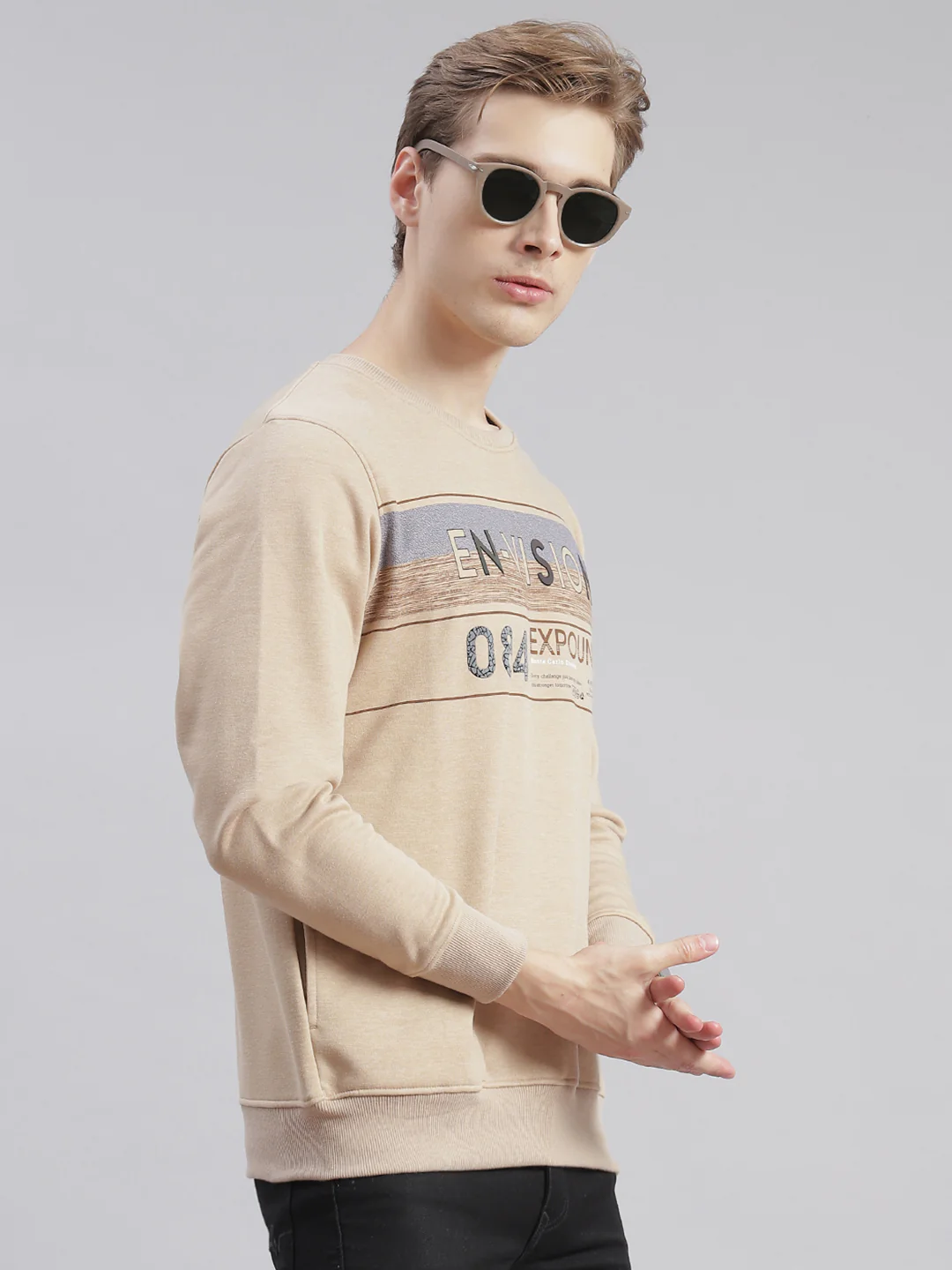 Men Beige Printed Round Neck Full Sleeve Sweatshirts - Image 4