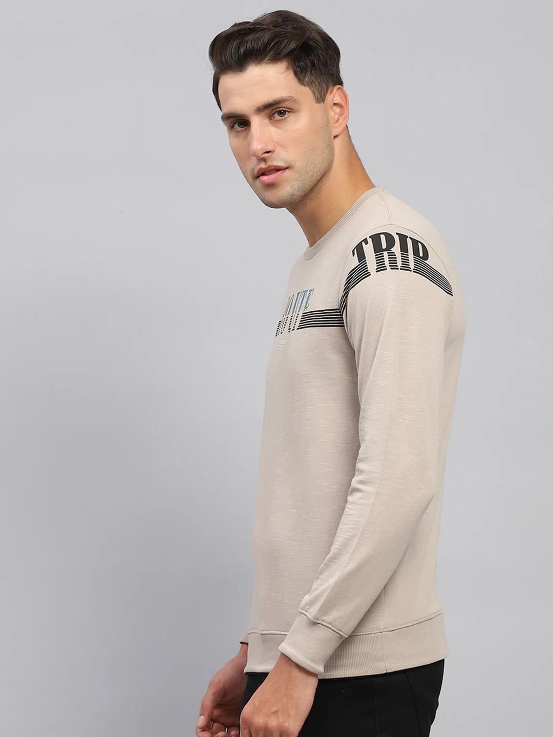 Men Beige Printed Round Neck Full Sleeve T-Shirt - Image 3