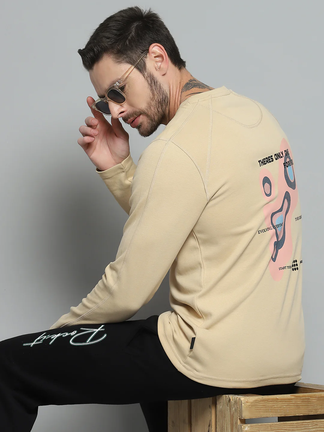 Rock.it Men Beige Printed Round Neck Full Sleeve Winter T-Shirt - Image 6