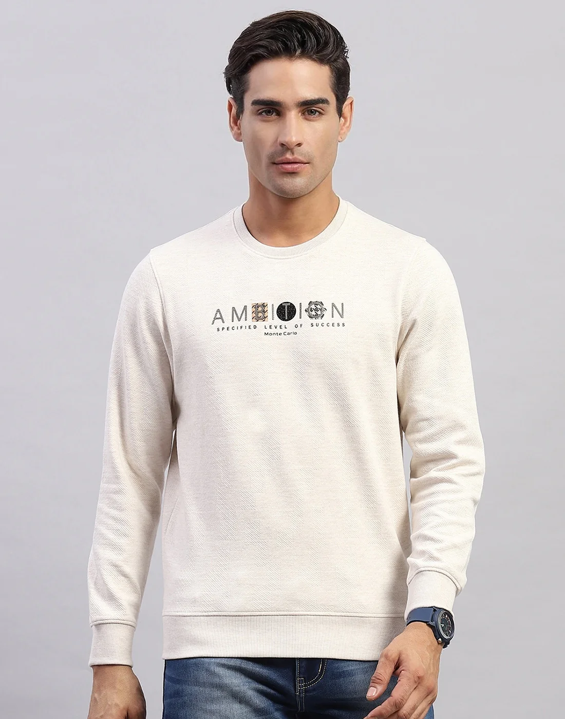 Men Beige Printed Round Neck Full Sleeve Winter T-Shirt - Image 2