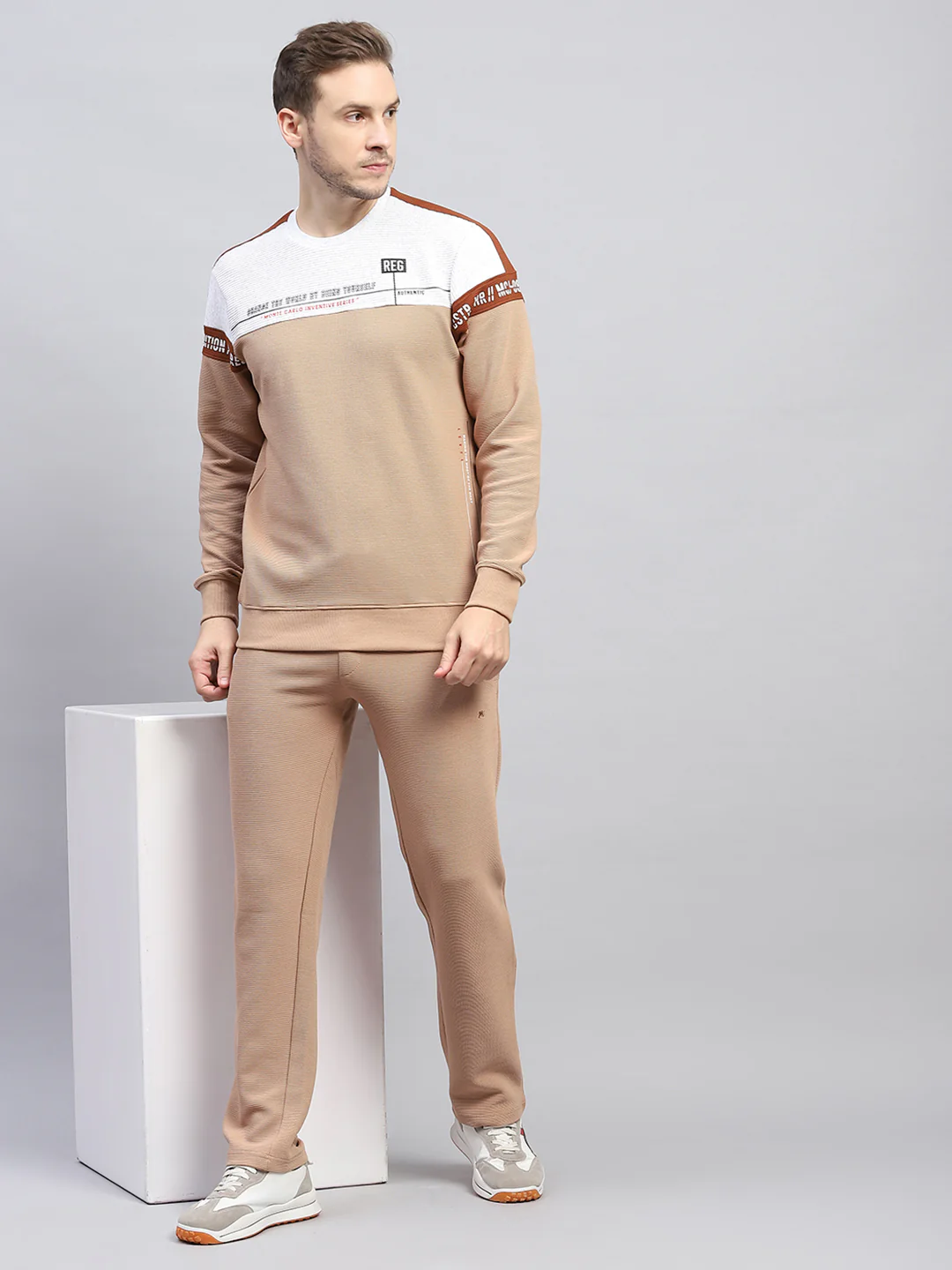 Men Beige Printed Round Neck Full Sleeve Winter Tracksuit - Image 2