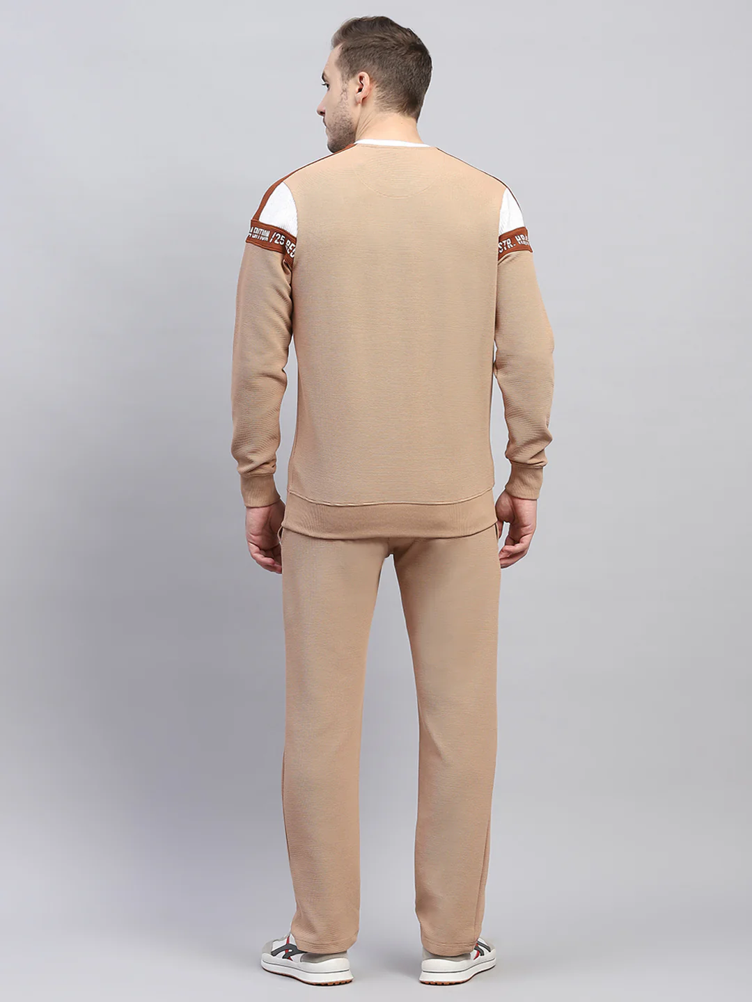 Men Beige Printed Round Neck Full Sleeve Winter Tracksuit - Image 5
