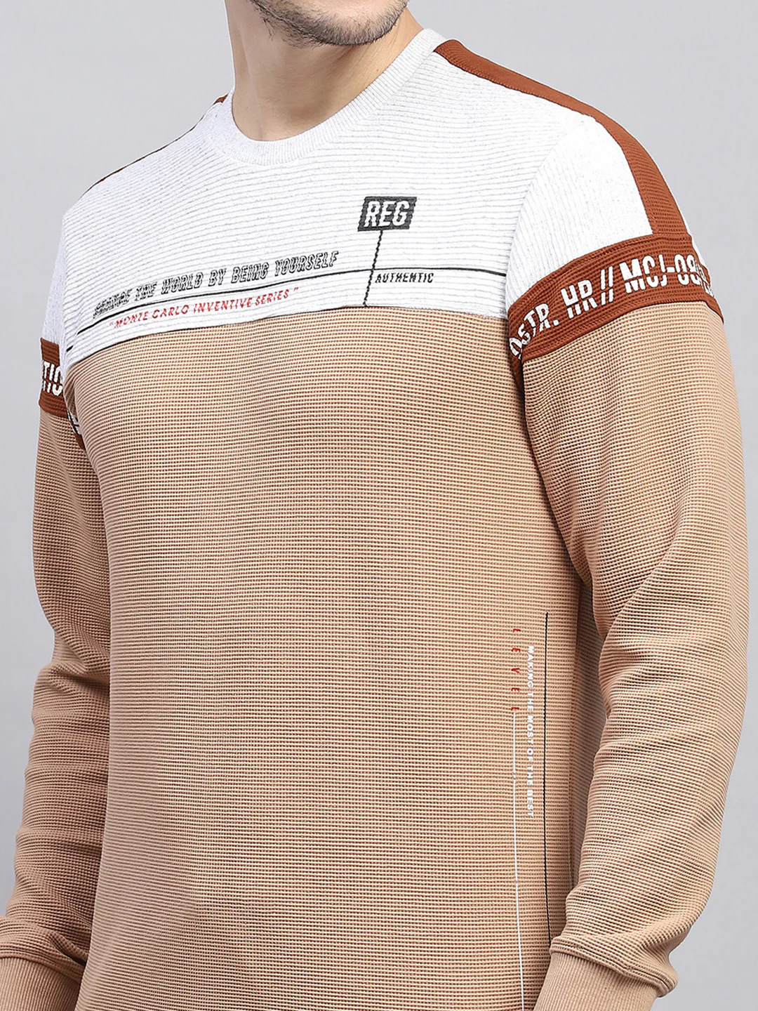 Men Beige Printed Round Neck Full Sleeve Winter Tracksuit - Image 6