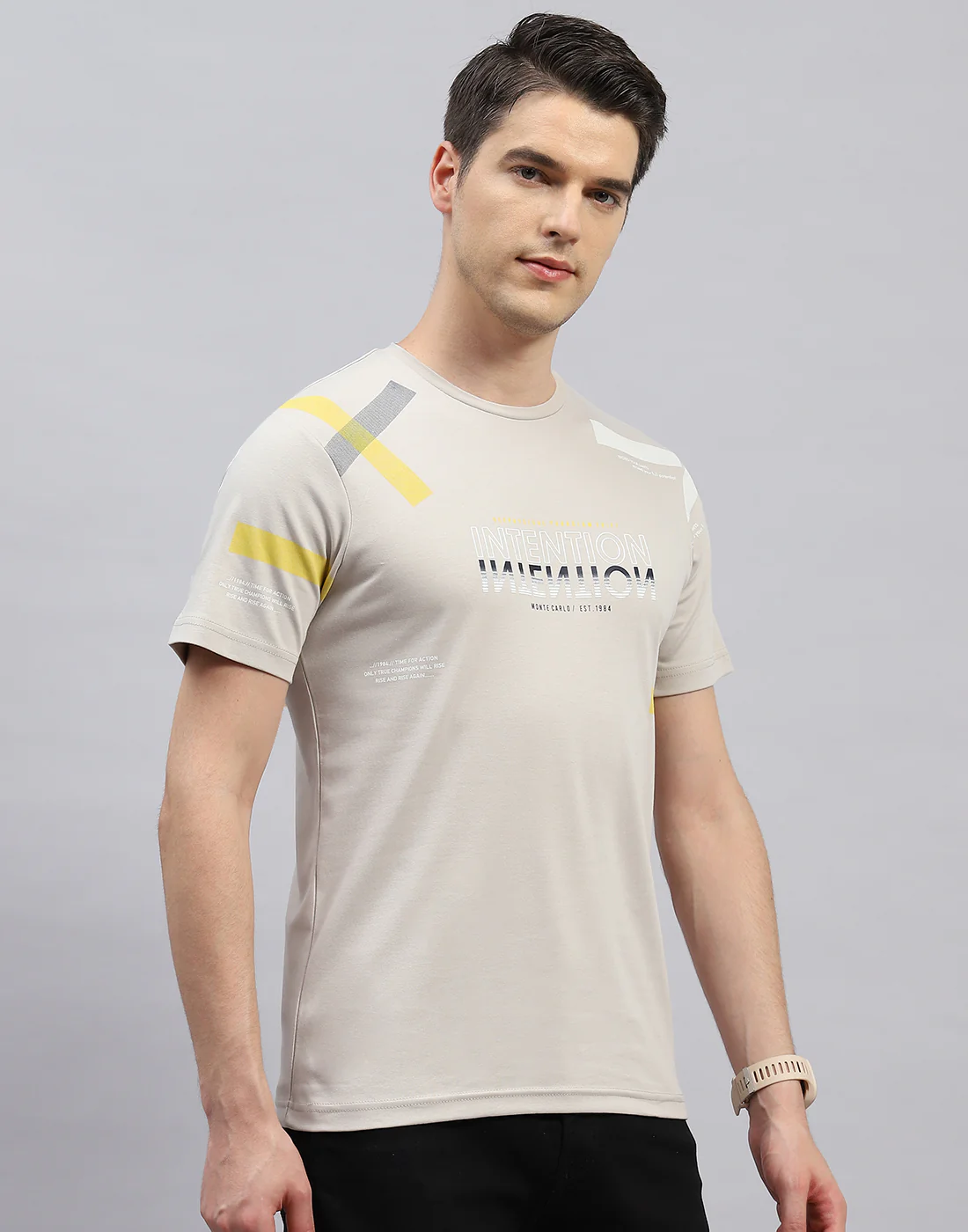 Men Beige Printed Round Neck Half Sleeve T-Shirt - Image 4